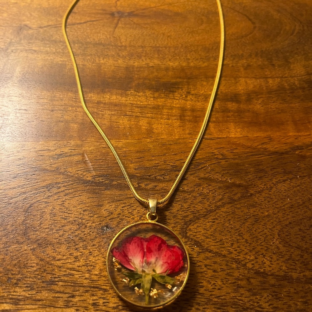 Gold Necklace with Red Floral Pendant